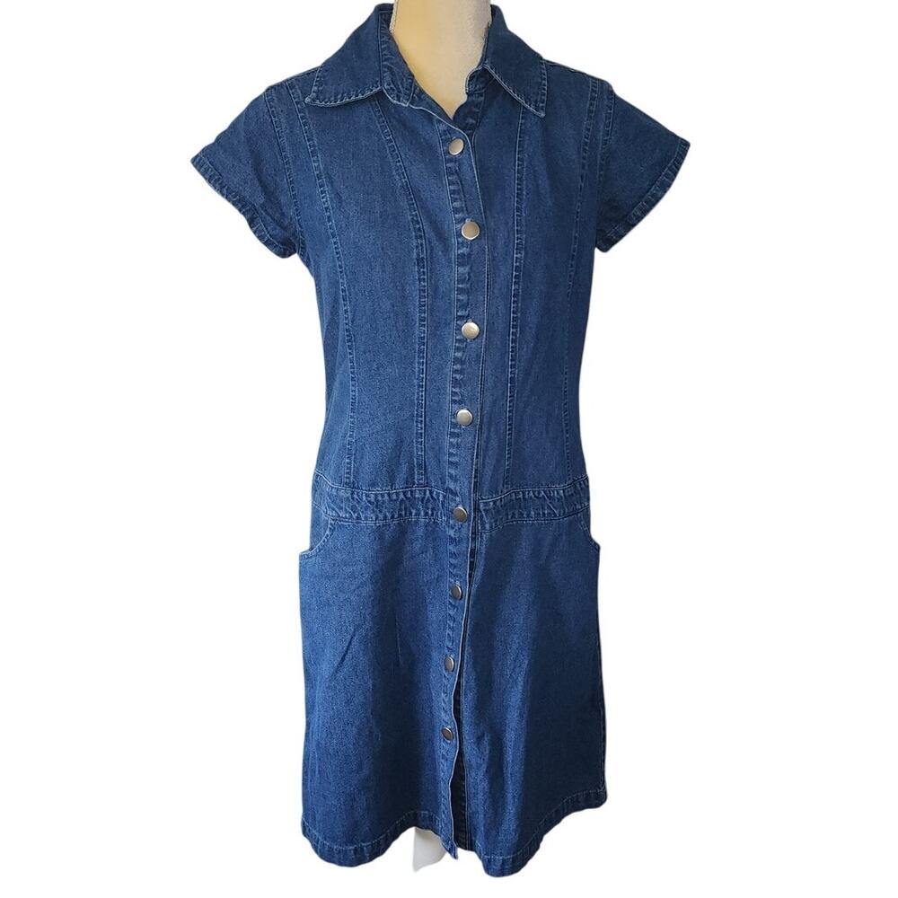 Expressions 90s Blue Denim Button-Up Short Sleeved Pockets Dress Size Medium